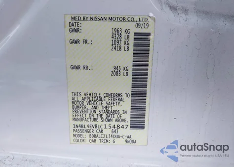 2020 Nissan Altima Sl Fwd z USA, uszkodzony, nr VIN 1N4BL4EV8LC154847